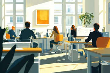 A group of people sitting and working at desks in an office setting