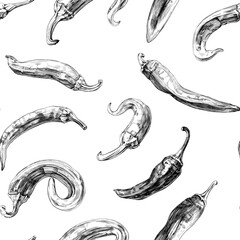 Chili pepper pattern hand drawn engraved ink art. Isolated paprika on white background.
