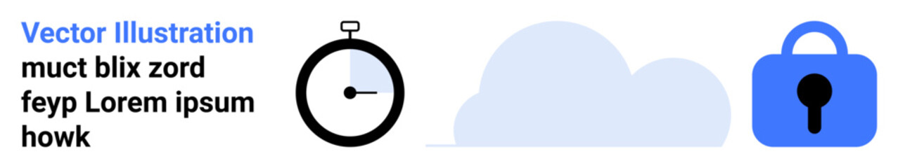 Black stopwatch, gray cloud, and blue lock. Ideal for time management, cloud storage, data security, privacy protection, online safety, secure access, digital locks. Banner for landing page