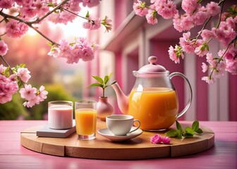 Urban Exploration Photography: Pink Podium Amid Sakura Blossoms with Classic Teapot and Orange Juice Set