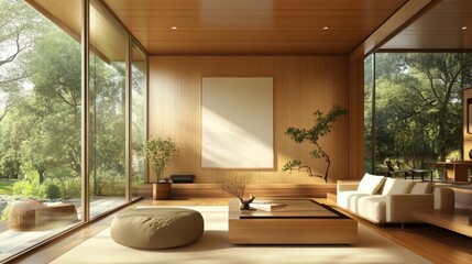 Fototapeta premium Spacious, contemporary living room with blank poster on warm wooden wall, surrounded by expansive 360-degree windows, modern furniture, airy vibe.