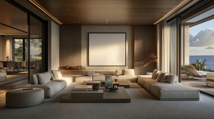 Stylish living room with a blank poster frame on a wood-paneled wall, showcasing 360-degree views, modern furniture, and a neutral color palette.