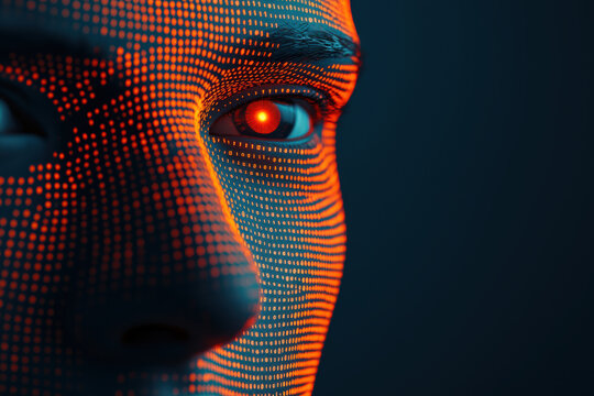 AI platform recognizing names in legal documents selective focus, A close-up of a futuristic face with glowing patterns, representing technology and innovation in the digital age.