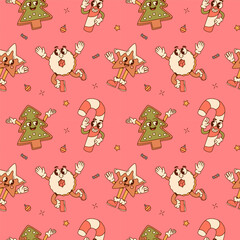 Groovy Christmas Cookie Characters Seamless Pattern