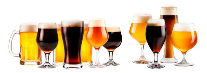 Collection of different beer glasses in various styles isolated on white transparent background. Mugs with drink like Ipa, Pale Ale, Pilsner, Porter or Stout