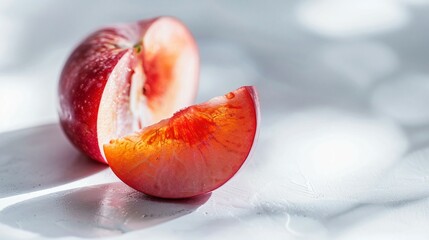 Red juicy cut Fruit: Healthy kidney-shaped fruit on white background, sliced to reveal vibrant red interior, symbolizing kidney health with copy space for text overlay.