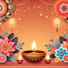 Obraz premium Diwali background template with candles, flowers and light.