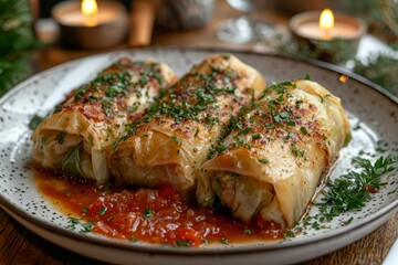 Three Golden Brown Cabbage Rolls with Tomato Sauce on a White Plate