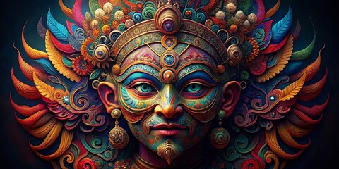 Vibrant Abstract Mask Illustration with Intricate Patterns in Drone Photography Style