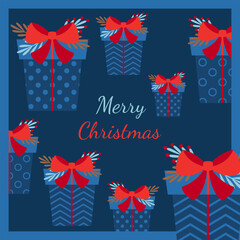 Obraz premium Christmas square card with greetings, gifts. Vector illustration for seasonal winter holidays.