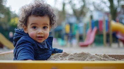 A Young Boy with Curly Hair Plays in a Sandbox