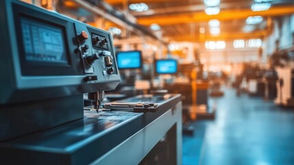 Fototapeta premium Close-Up of CNC Machine in Modern Industrial Factory with Blurred Background and Soft Warm Lighting