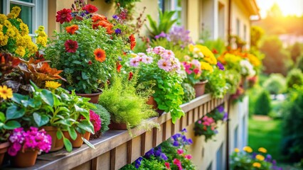 Fototapeta premium Vibrant Balcony Garden with Tilt-Shift Photography: Long Low Window Box Filled with Diverse Plants and Flowers in a Lush Green Setting