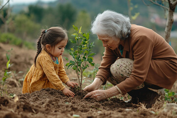 grandmother and little girl planting a tree in soil