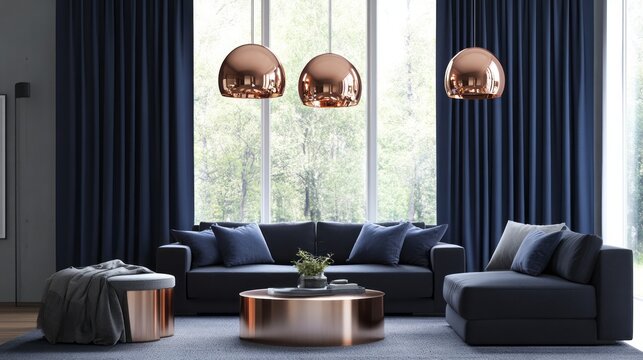 Modern living room interior with blue sofa, copper lamps and ottoman