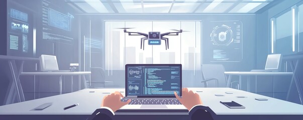 Drone and AI technology, hands coding on laptop, futuristic office, flat design illustration