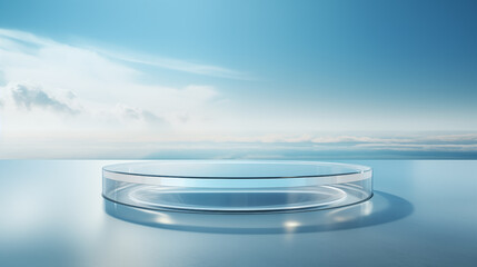 Round transparent glass Podium Display for product presentation, advertisement, mockup. Showcase on the background of a clear blue sky with clouds.	
