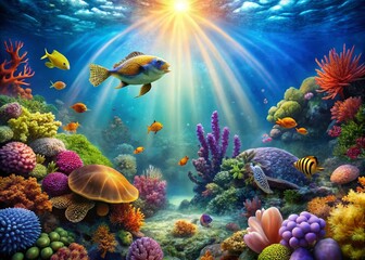 Naklejka premium Vibrant Coral Reefs and Diverse Marine Life in a Colorful Underwater World, Featuring Tropical Fish, Sea Turtles, and Lush Aquatic Plants for Stunning Conceptual Photography