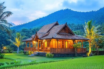 Fototapeta premium A charming wooden house surrounded by lush greenery and mountains, illuminated at dusk, ideal for relaxation and escape.