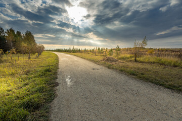 A road with a sun shining through the clouds