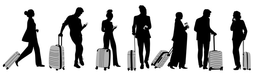 Silhouettes Diverse business people in formal outfit standing with suitcase, phones, luggage, waiting for departure. Business travel concept. Flat black vector illustrations on transparent background.