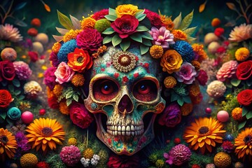Fototapeta premium Vibrant Double Exposure of Day of the Dead Skull Adorned with Colorful Flowers