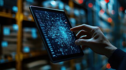 Warehouse team enhances inventory management and logistics efficiency using collaborative software on tablet standard