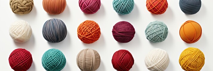 Colorful assortment of yarn balls arranged neatly on a white surface for crafting projects
