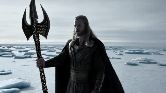 God Odin in a long robe and the spear Gungnir in his hand.