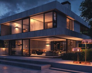 Nighttime view of a modern house with copper lighting and concrete exterior.