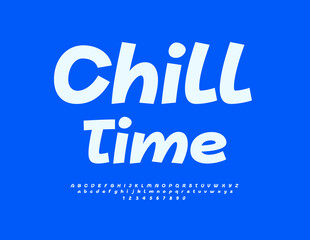 Vector modern logotype Chill Time. Funny White Font. Handwritten Alphabet Letters and Numbers set.