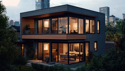 Fototapeta premium Toronto home at night, sapphire window frames, wood and concrete architecture.