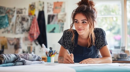 Young woman designing with a pen and paper in a studio