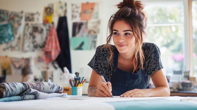 Young woman designing with a pen and paper in a studio - Powered by Adobe