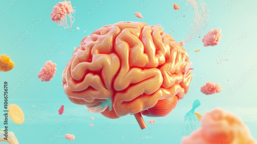 Poster colorful brain surrounded by abstract elements