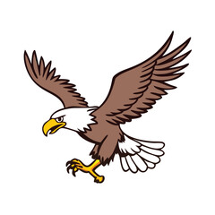 Bald Eagle with Spread Wings Illustration, Illustration of a bald eagle in mid-flight with wings spread and talons extended, symbolizing power, freedom, and American patriotism.