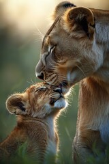 Heartwarming Moment of a Lioness and Her Cub Embracing with Affection, Showcasing the Bond of Motherhood in Nature