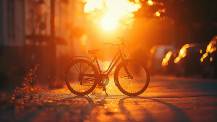 A bicycle in the city at sunset, silhouetted against a warm yellow sunny evening