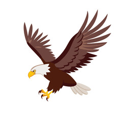 Bald Eagle with Spread Wings Illustration, Illustration of a bald eagle in mid-flight with wings spread and talons extended, symbolizing power, freedom, and American patriotism.