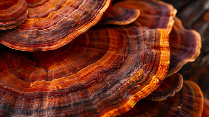 woody brown mushrooms in nature macro von reishi, traditional folk medicine