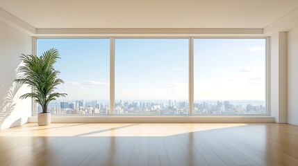 Fototapeta premium Bright and spacious living room showcases stunning city views through large windows