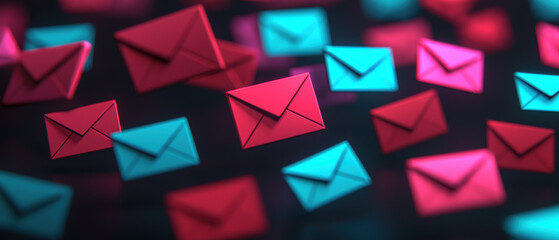 AI summarizing long emails into concise messages close up, Colorful 3D envelopes floating in a dynamic space, representing communication, digital messaging, and modern technology.