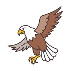 Bald Eagle with Spread Wings Illustration, Illustration of a bald eagle in mid-flight with wings spread and talons extended, symbolizing power, freedom, and American patriotism.