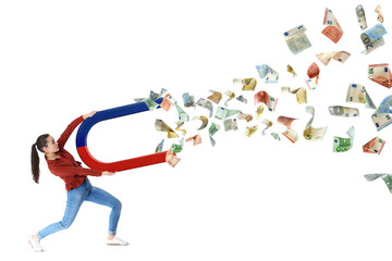 Woman attracting euro bills with magnet on white background. Concept of money earning