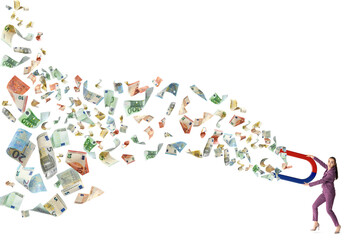 Businesswoman attracting euro bills with magnet on white background. Concept of money earning