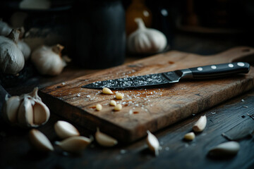 garlic and knife on a brown wooden cutting board with copy space