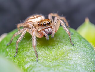 Close-up of a spider on a green leaf, detailed features visible.