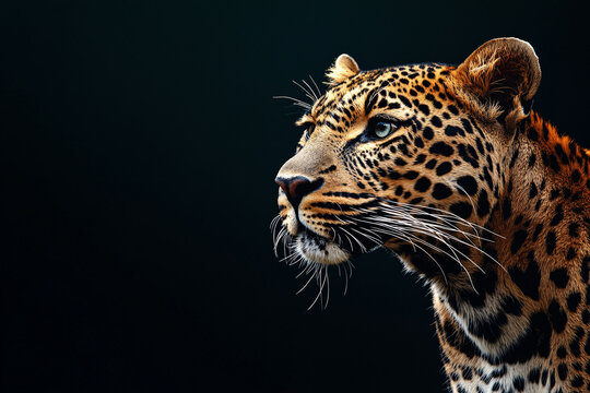 big leopard on black background with copy space for text