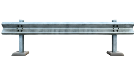 A metal guard rail post with crash barrier panel isolated on white background