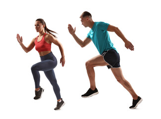 Fototapeta premium Athletic man and woman in sportswear running on white background